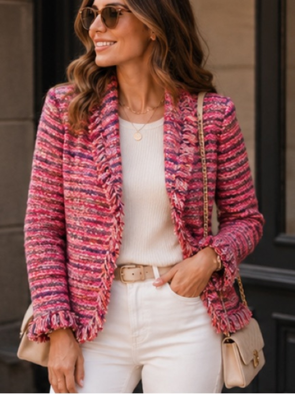 J. Marco Vintage Pink Multi-Color Tweed Fringed Blazer Jacket Size XL